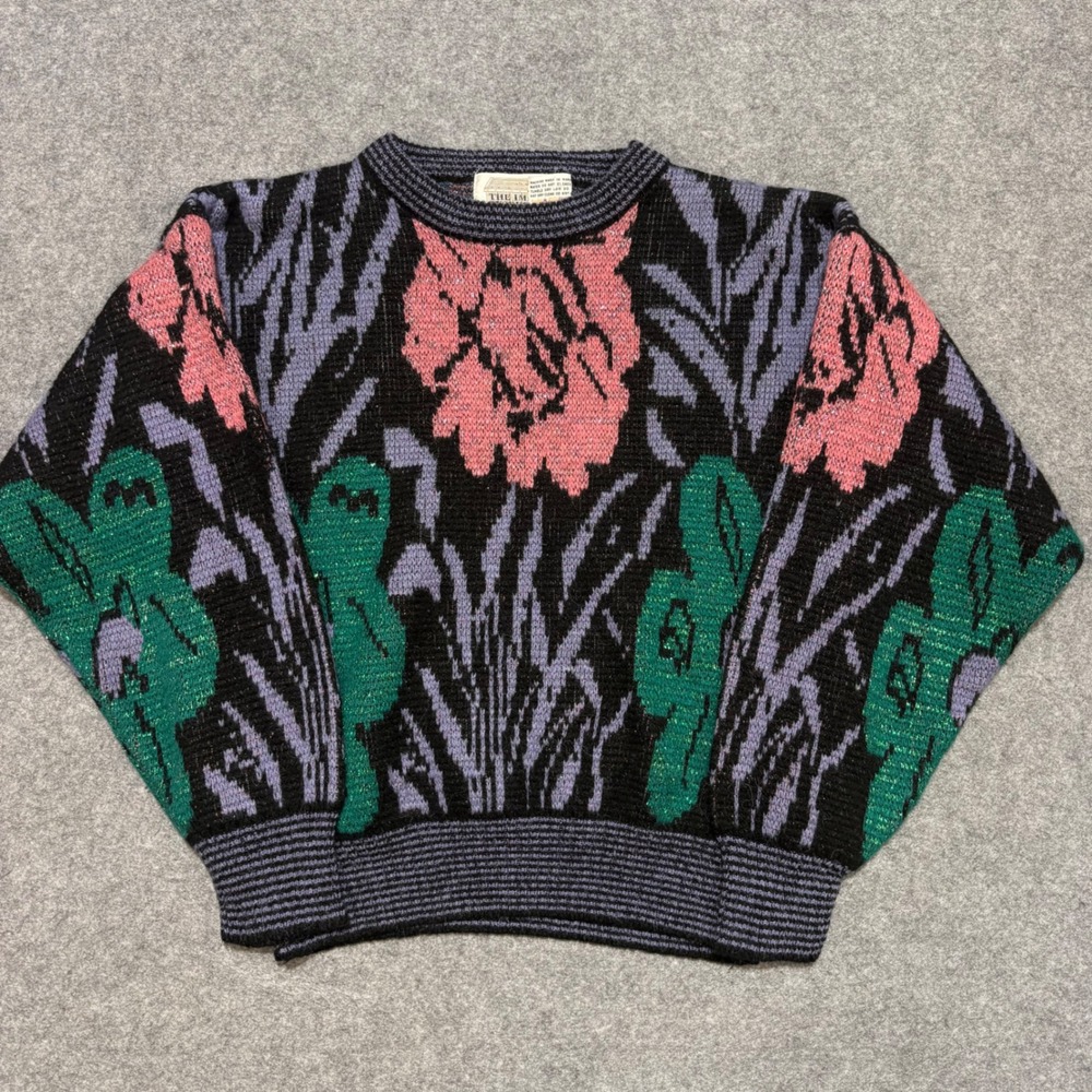 Vintage The Import Workshop Floral Cactus Lurex Knit Sweater Black Pink Green M